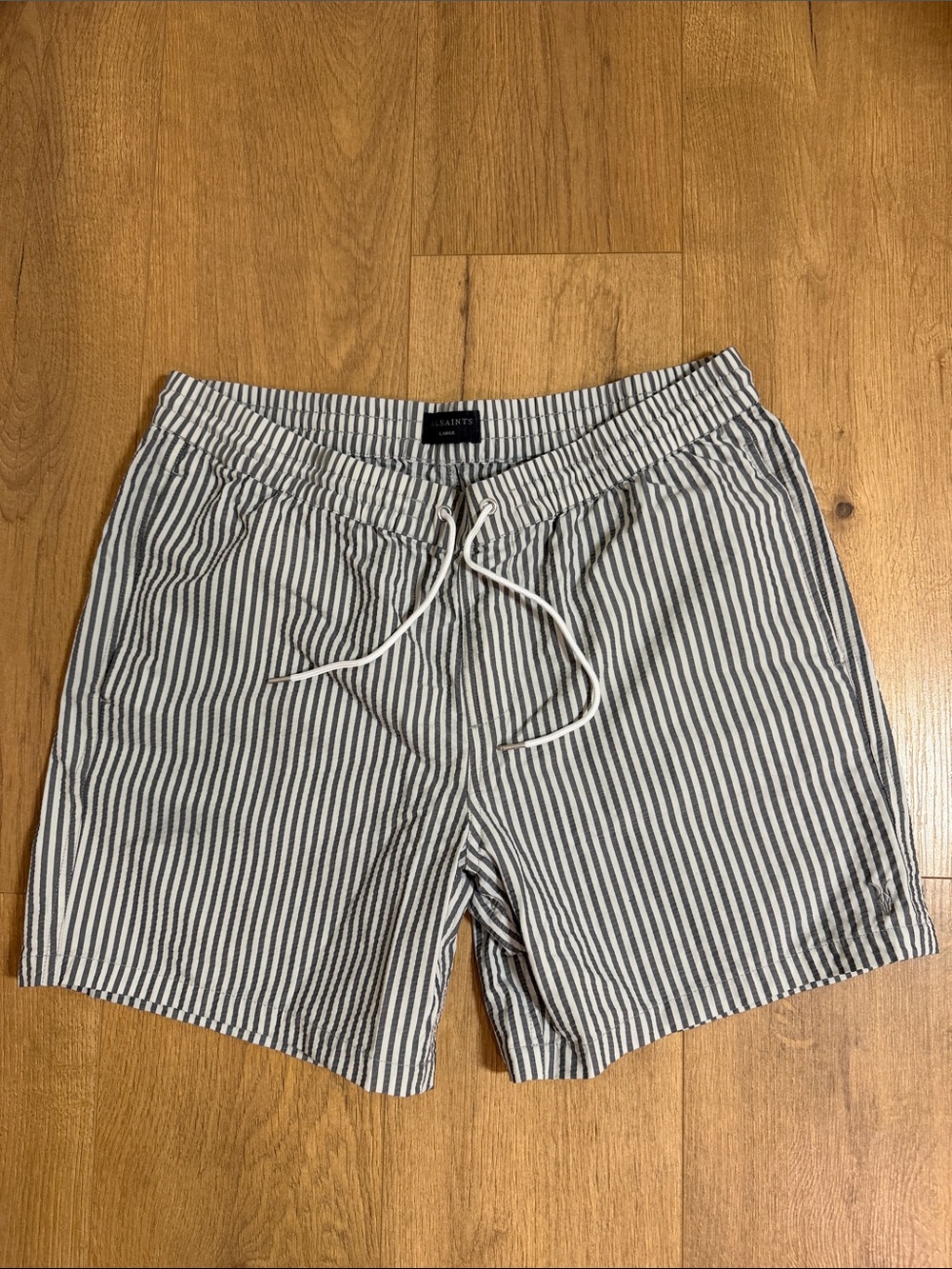 All Saints Men’s Navy and White Striped Drawstring Bermuda Shorts - swim